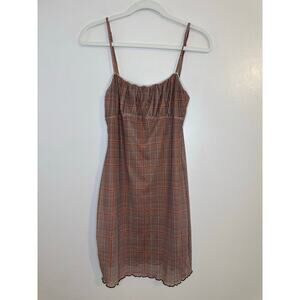 Altar’d State Women Y2K Style Dark Academia Brown Plaid Lettuce Hem Mini Dress L